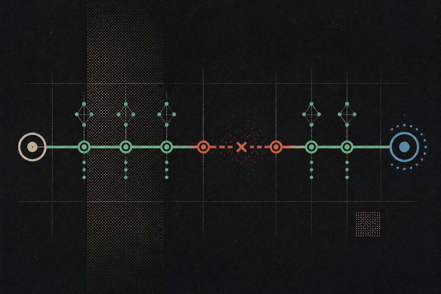 Editorial illustration of a monitored network path and interruption timeline